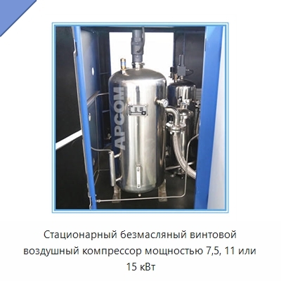 Стационарный безмасляный винтовой воздушный компрессор мощностью 7,5, 11 или 15 кВт