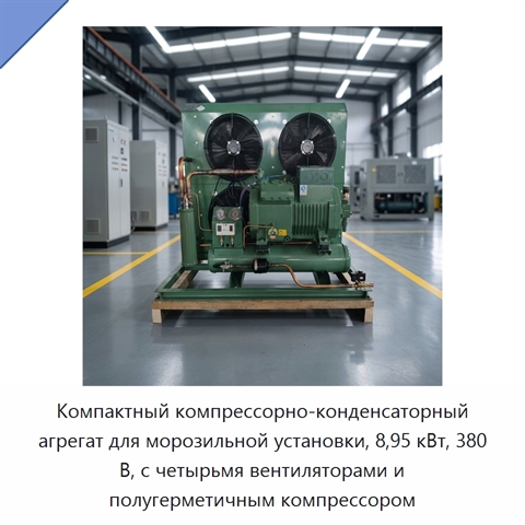 Компактный компрессорно-конденсаторный агрегат для морозильной установки, 8,95 кВт, 380 В, с четырьмя вентиляторами и полугерметичным компрессором