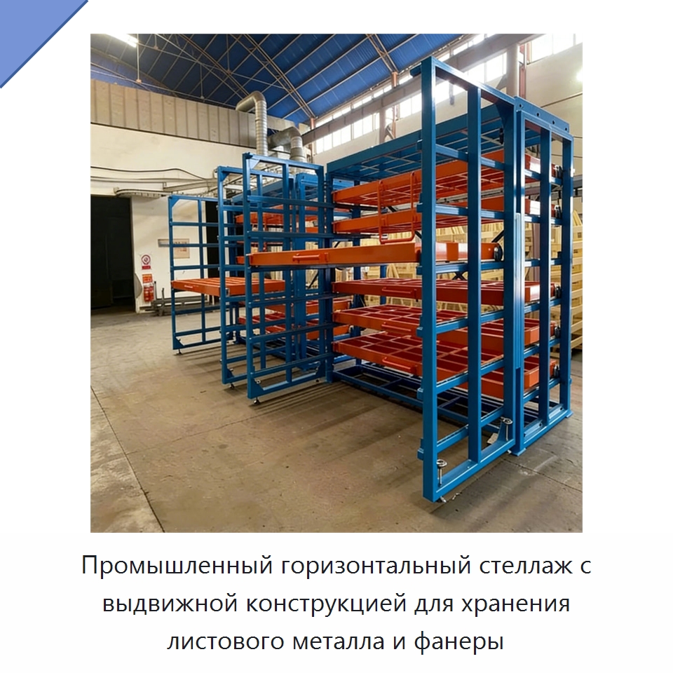 Промышленный горизонтальный стеллаж с выдвижной конструкцией для хранения листового металла и фанеры — Штабелируемые стеллажи и полки