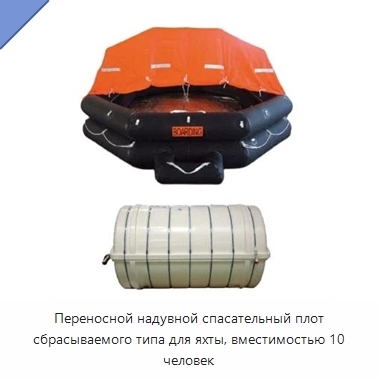 Переносной надувной спасательный плот сбрасываемого типа для яхты, вместимостью 10 человек