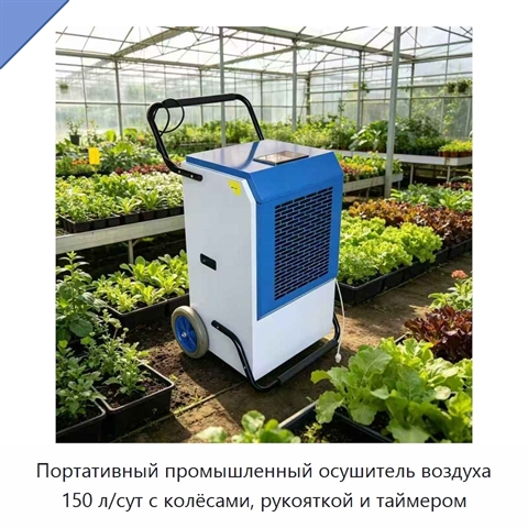 Портативный промышленный осушитель воздуха 150 л/сут с колёсами, рукояткой и таймером