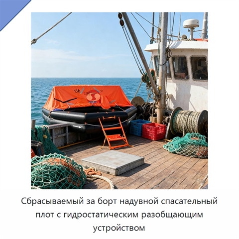 Сбрасываемый за борт надувной спасательный плот с гидростатическим разобщающим устройством