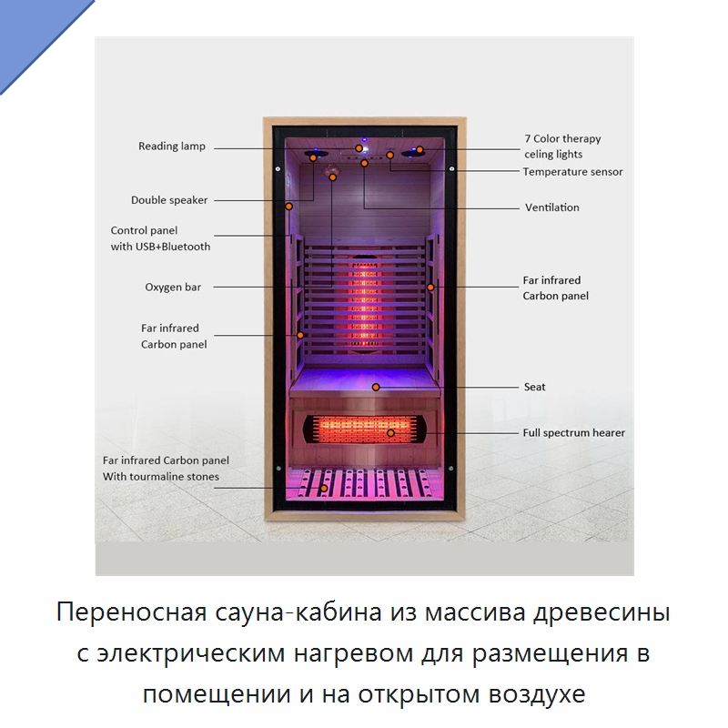 Переносная сауна-кабина из массива древесины с электрическим нагревом для размещения в помещении и на открытом воздухе