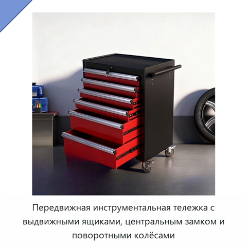 Передвижная инструментальная тележка с выдвижными ящиками, центральным замком и поворотными колёсами