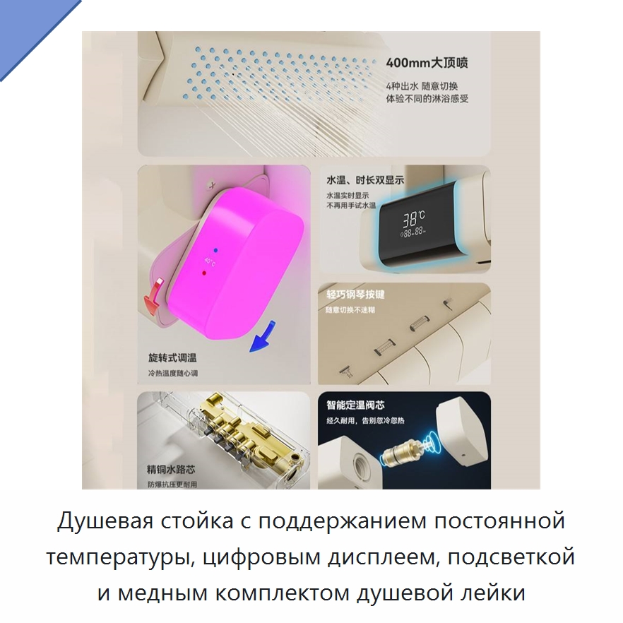 Душевая стойка с поддержанием постоянной температуры, цифровым дисплеем, подсветкой и медным комплектом душевой лейки