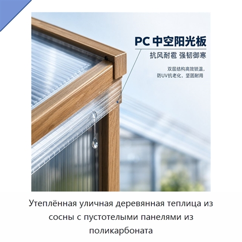 Утеплённая уличная деревянная теплица из сосны с пустотелыми панелями из поликарбоната