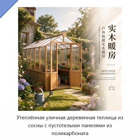 Утеплённая уличная деревянная теплица из сосны с пустотелыми панелями из поликарбоната