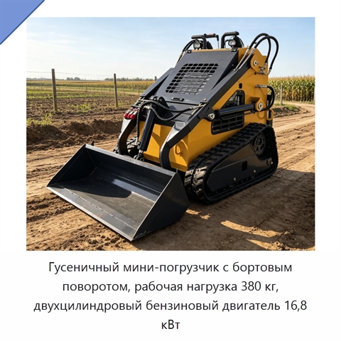 Гусеничный мини-погрузчик с бортовым поворотом, рабочая нагрузка 380 кг, двухцилиндровый бензиновый двигатель 16,8 кВт