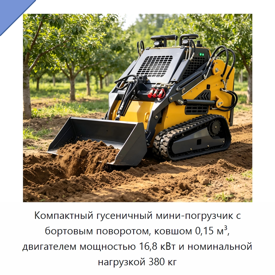 Компактный гусеничный мини-погрузчик с бортовым поворотом, ковшом 0,15 м³, двигателем мощностью 16,8 кВт и номинальной нагрузкой 380 кг — Специальная сельскохозяйственная техника
