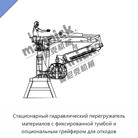 Стационарный гидравлический перегружатель материалов с фиксированной тумбой и опциональным грейфером для отходов