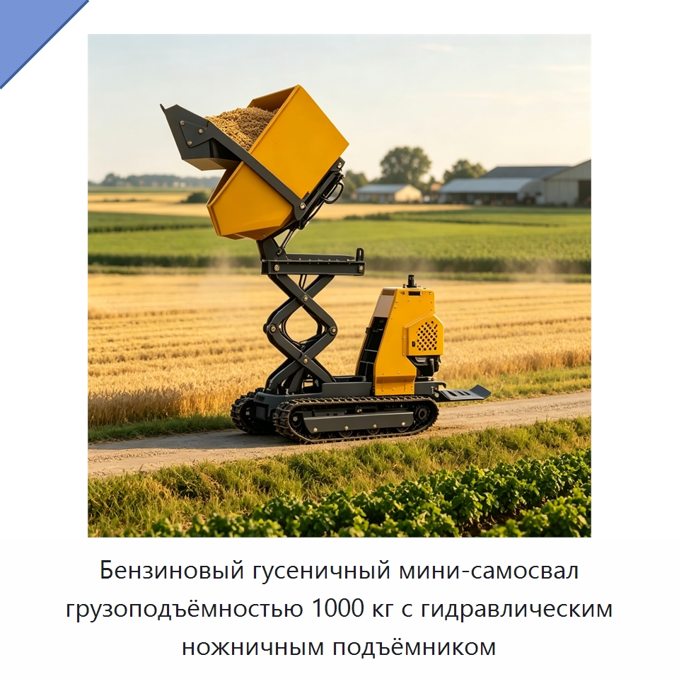 Бензиновый гусеничный мини-самосвал грузоподъёмностью 1000 кг с гидравлическим ножничным подъёмником