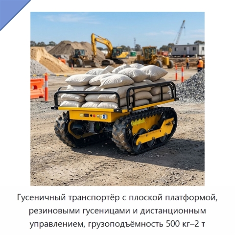 Гусеничный транспортёр с плоской платформой, резиновыми гусеницами и дистанционным управлением, грузоподъёмность 500 кг–2 т