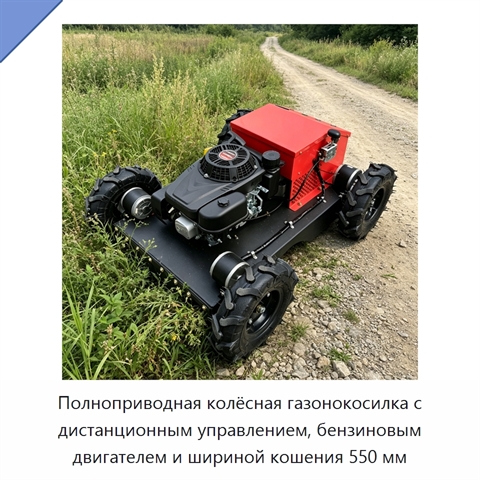 Полноприводная колёсная газонокосилка с дистанционным управлением, бензиновым двигателем и шириной кошения 550 мм
