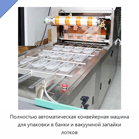 Полностью автоматическая конвейерная машина для упаковки в банки и вакуумной запайки лотков