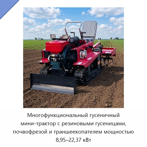 Многофункциональный гусеничный мини-трактор с резиновыми гусеницами, почвофрезой и траншеекопателем мощностью 8,95–22,37 кВт