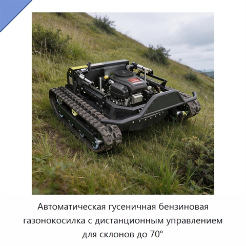 Автоматическая гусеничная бензиновая газонокосилка с дистанционным управлением для склонов до 70°