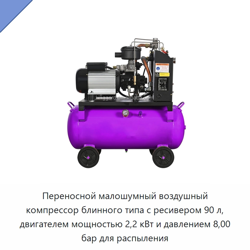 Переносной малошумный воздушный компрессор блинного типа с ресивером 90 л, двигателем мощностью 2,2 кВт и давлением 8,00 бар для распыления