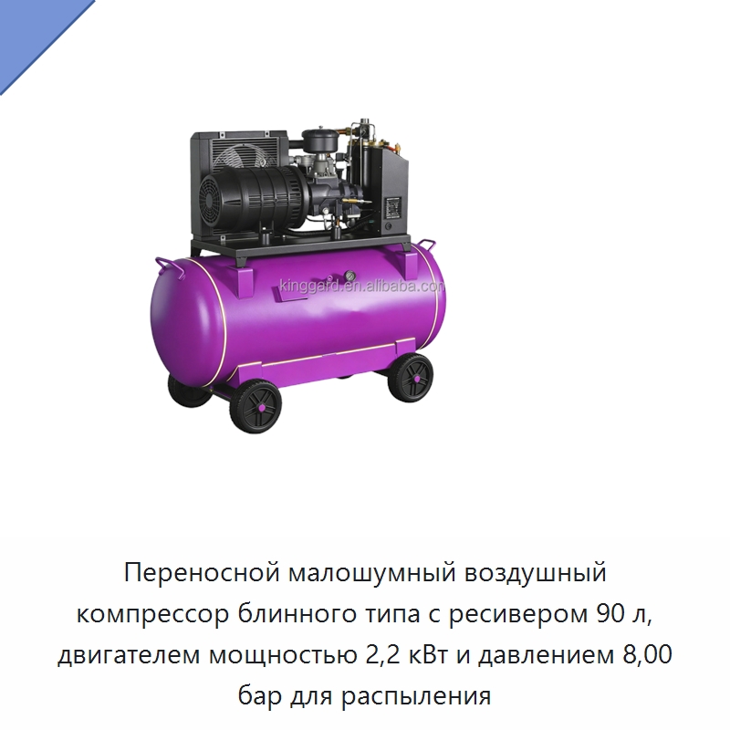 Переносной малошумный воздушный компрессор блинного типа с ресивером 90 л, двигателем мощностью 2,2 кВт и давлением 8,00 бар для распыления