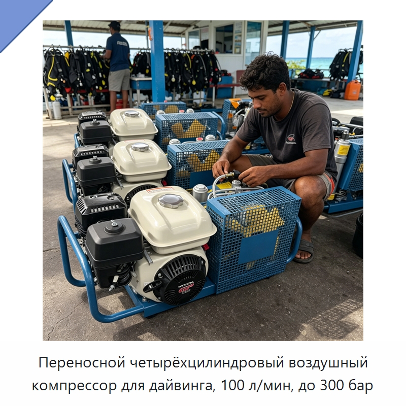 Переносной четырёхцилиндровый воздушный компрессор для дайвинга, 100 л/мин, до 300 бар — Промышленные компрессоры
