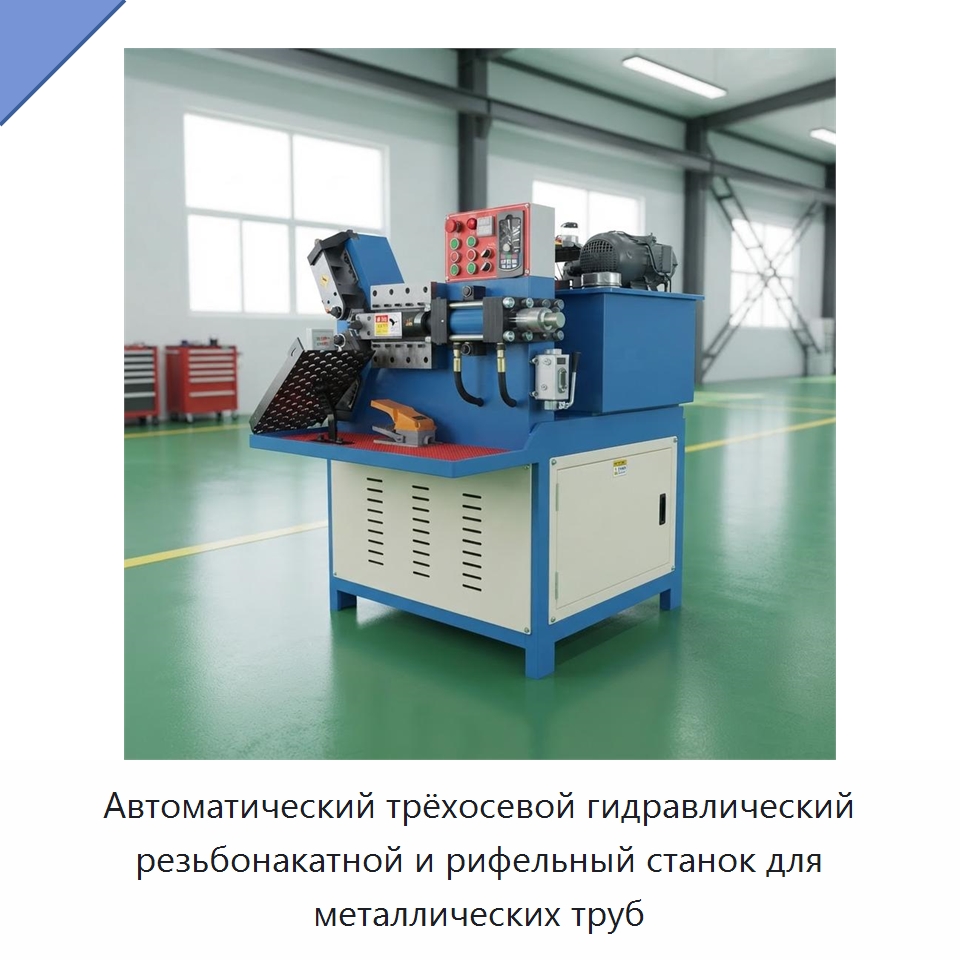 Автоматический трёхосевой гидравлический резьбонакатной и рифельный станок для металлических труб — Металлоформовочное оборудование