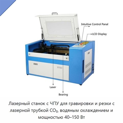 Лазерный станок с ЧПУ для гравировки и резки с лазерной трубкой CO₂, водяным охлаждением и мощностью 40–150 Вт