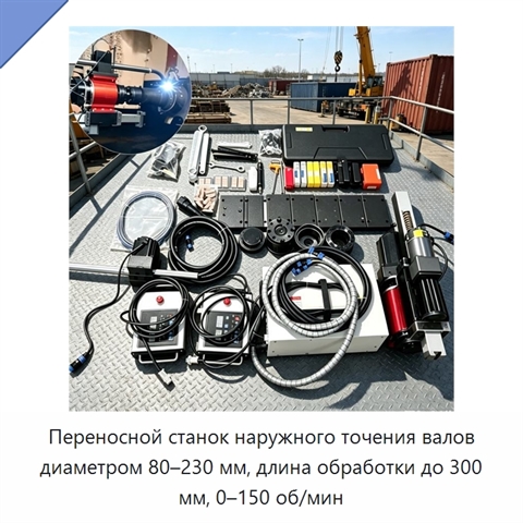 Переносной станок наружного точения валов диаметром 80–230 мм, длина обработки до 300 мм, 0–150 об/мин