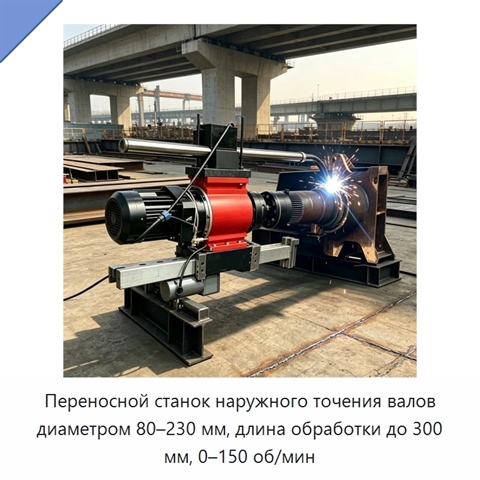 Переносной станок наружного точения валов диаметром 80–230 мм, длина обработки до 300 мм, 0–150 об/мин