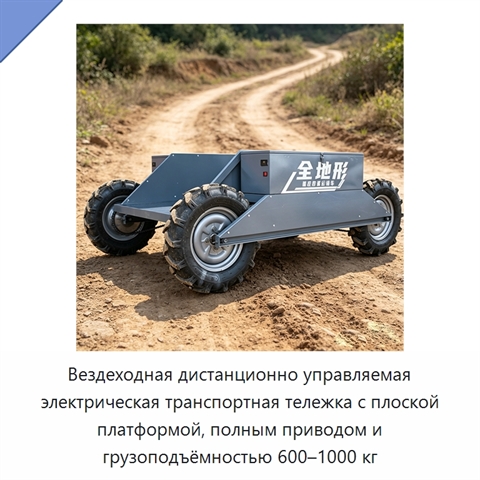 Вездеходная дистанционно управляемая электрическая транспортная тележка с плоской платформой, полным приводом и грузоподъёмностью 600–1000 кг
