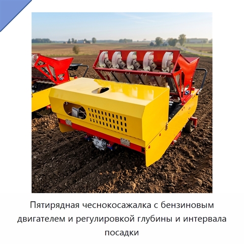 Пятирядная чеснокосажалка с бензиновым двигателем и регулировкой глубины и интервала посадки