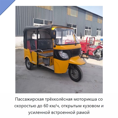 Пассажирская трёхколёсная моторикша со скоростью до 60 км/ч, открытым кузовом и усиленной встроенной рамой