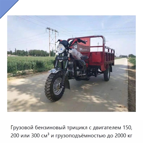 Грузовой бензиновый трицикл с двигателем 150, 200 или 300 см³ и грузоподъёмностью до 2000 кг