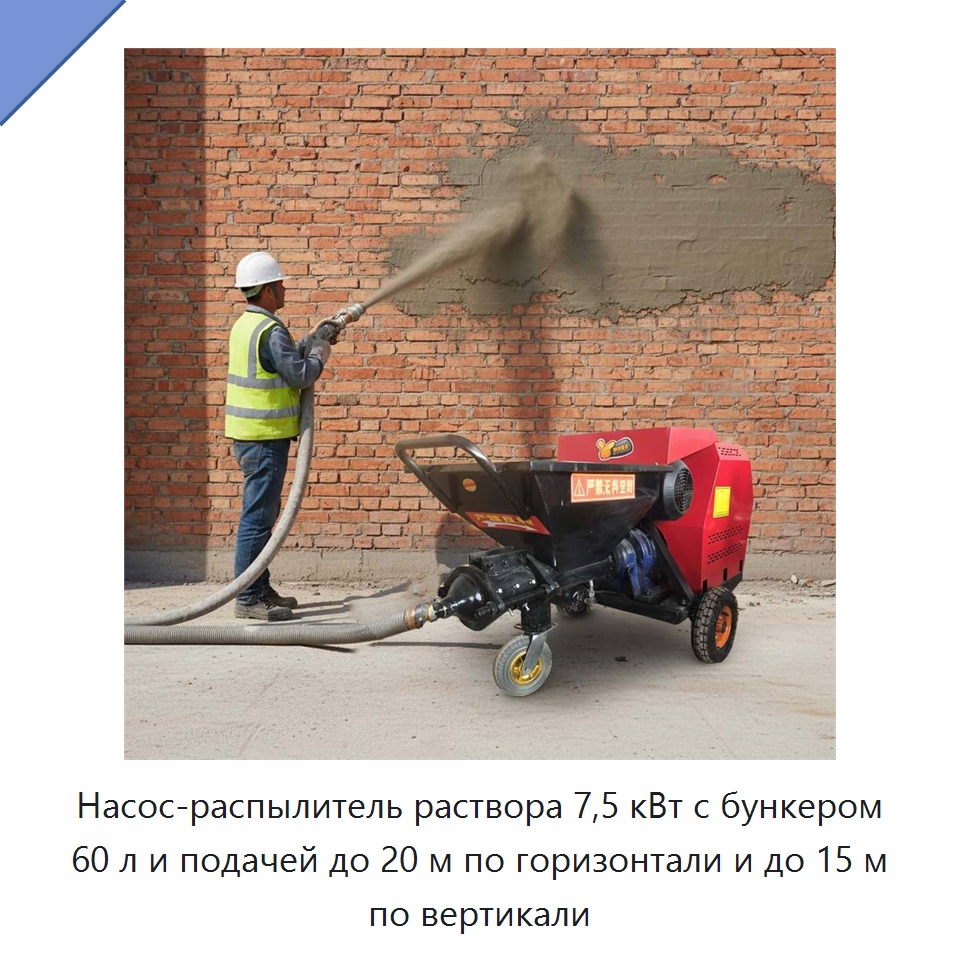 Насос-распылитель раствора 7,5 кВт с бункером 60 л и подачей до 20 м по горизонтали и до 15 м по вертикали — Штукатурные станции