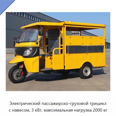 Электрический пассажирско-грузовой трицикл с навесом, 3 кВт, максимальная нагрузка 2000 кг