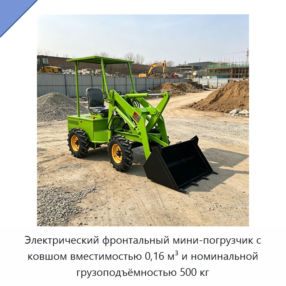 Электрический фронтальный мини-погрузчик с ковшом вместимостью 0,16 м³ и номинальной грузоподъёмностью 500 кг — Землеройная техника