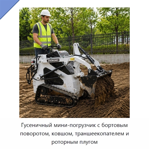 Гусеничный мини-погрузчик с бортовым поворотом, ковшом, траншеекопателем и роторным плугом