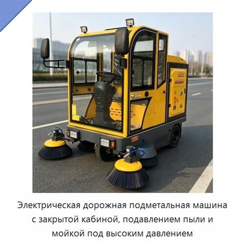 Электрическая дорожная подметальная машина с закрытой кабиной, подавлением пыли и мойкой под высоким давлением
