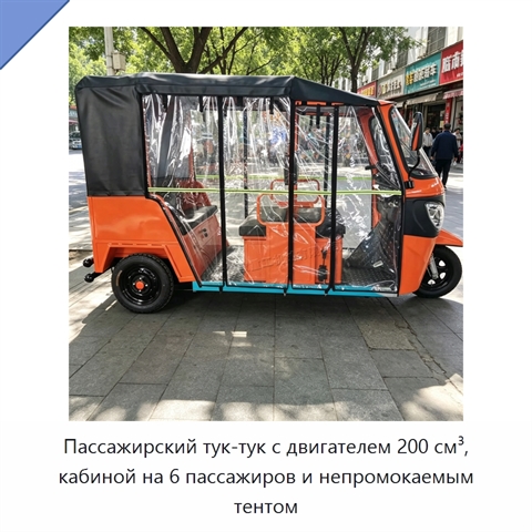 Пассажирский тук-тук с двигателем 200 см³, кабиной на 6 пассажиров и непромокаемым тентом