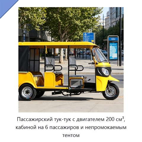 Пассажирский тук-тук с двигателем 200 см³, кабиной на 6 пассажиров и непромокаемым тентом