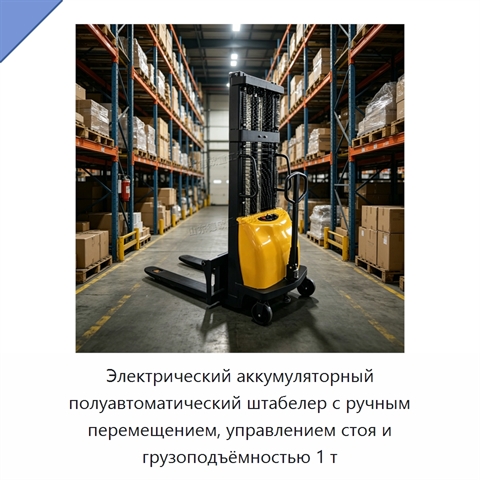 Электрический аккумуляторный полуавтоматический штабелер с ручным перемещением, управлением стоя и грузоподъёмностью 1 т