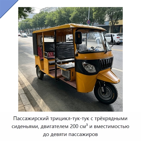 Пассажирский трицикл-тук-тук с трёхрядными сиденьями, двигателем 200 см³ и вместимостью до девяти пассажиров