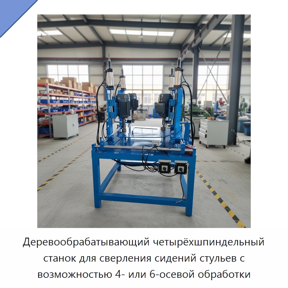 Деревообрабатывающий четырёхшпиндельный станок для сверления сидений стульев с возможностью 4- или 6-осевой обработки — Специальное деревообрабатывающее оборудование