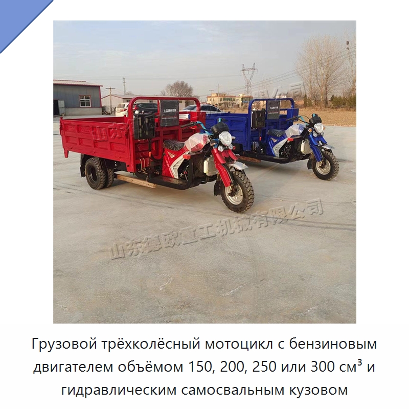 Грузовой трёхколёсный мотоцикл с бензиновым двигателем объёмом 150, 200, 250 или 300 см³ и гидравлическим самосвальным кузовом