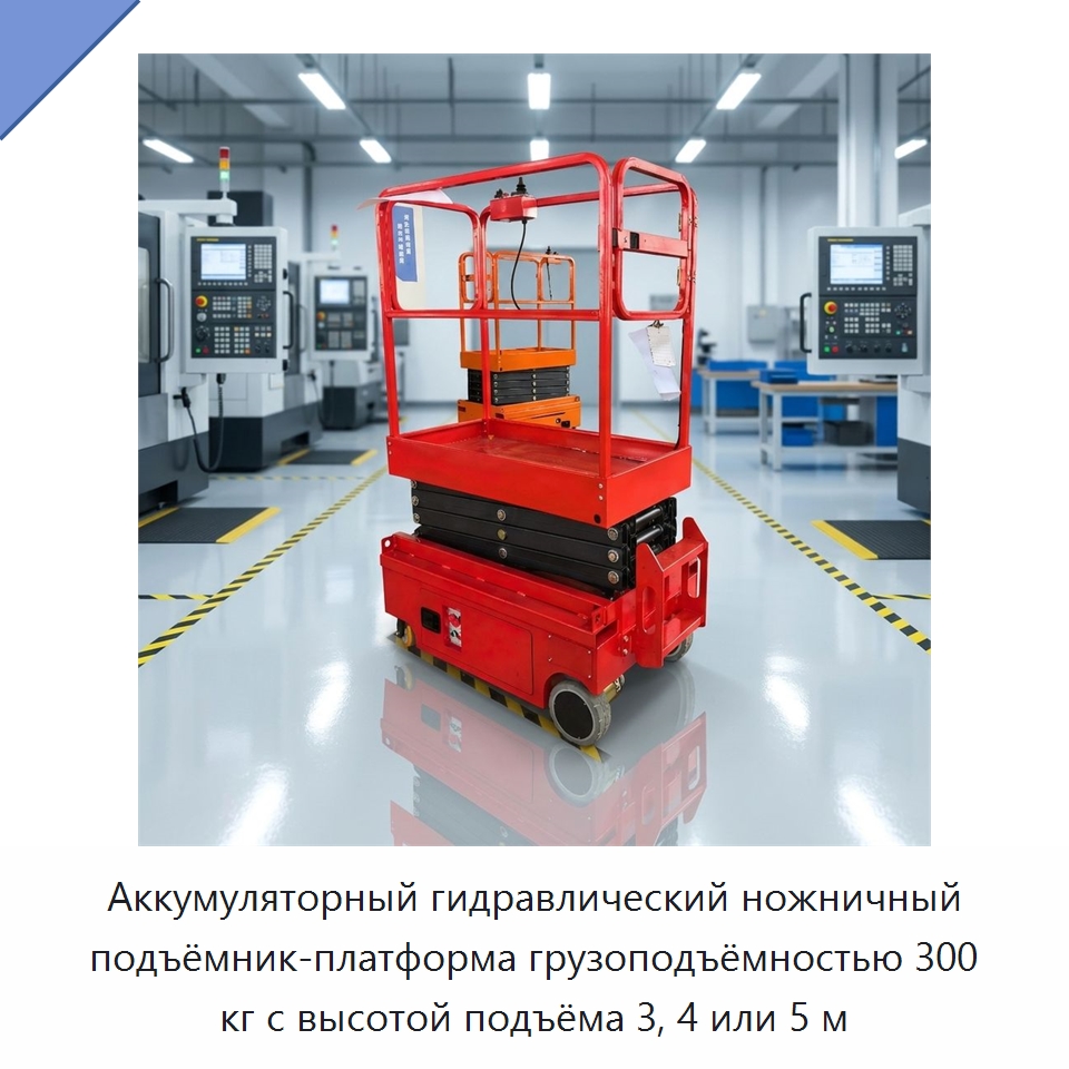 Аккумуляторный гидравлический ножничный подъёмник-платформа грузоподъёмностью 300 кг с высотой подъёма 3, 4 или 5 м — Подъемные столы