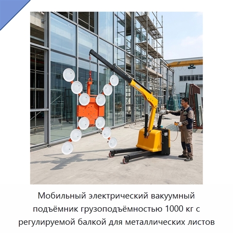 Мобильный электрический вакуумный подъёмник грузоподъёмностью 1000 кг с регулируемой балкой для металлических листов