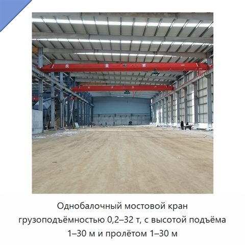 Однобалочный мостовой кран грузоподъёмностью 0,2–32 т, с высотой подъёма 1–30 м и пролётом 1–30 м