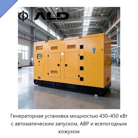 Генераторная установка мощностью 430–450 кВт с автоматическим запуском, АВР и всепогодным кожухом