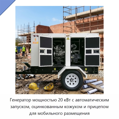 Генератор мощностью 20 кВт с автоматическим запуском, оцинкованным кожухом и прицепом для мобильного размещения