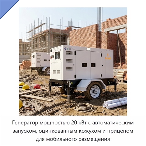Генератор мощностью 20 кВт с автоматическим запуском, оцинкованным кожухом и прицепом для мобильного размещения