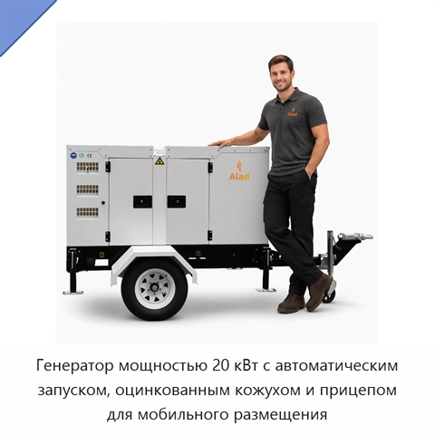 Генератор мощностью 20 кВт с автоматическим запуском, оцинкованным кожухом и прицепом для мобильного размещения