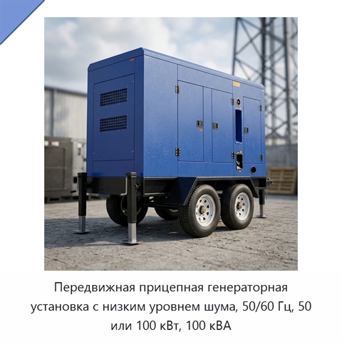 Передвижная прицепная генераторная установка с низким уровнем шума, 50/60 Гц, 50 или 100 кВт, 100 кВА